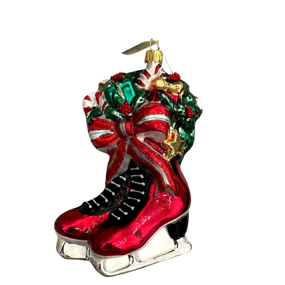 Bergdorf Goodman Ice Skates Christmas Ornament Mouth Blown Hand Painted NEW